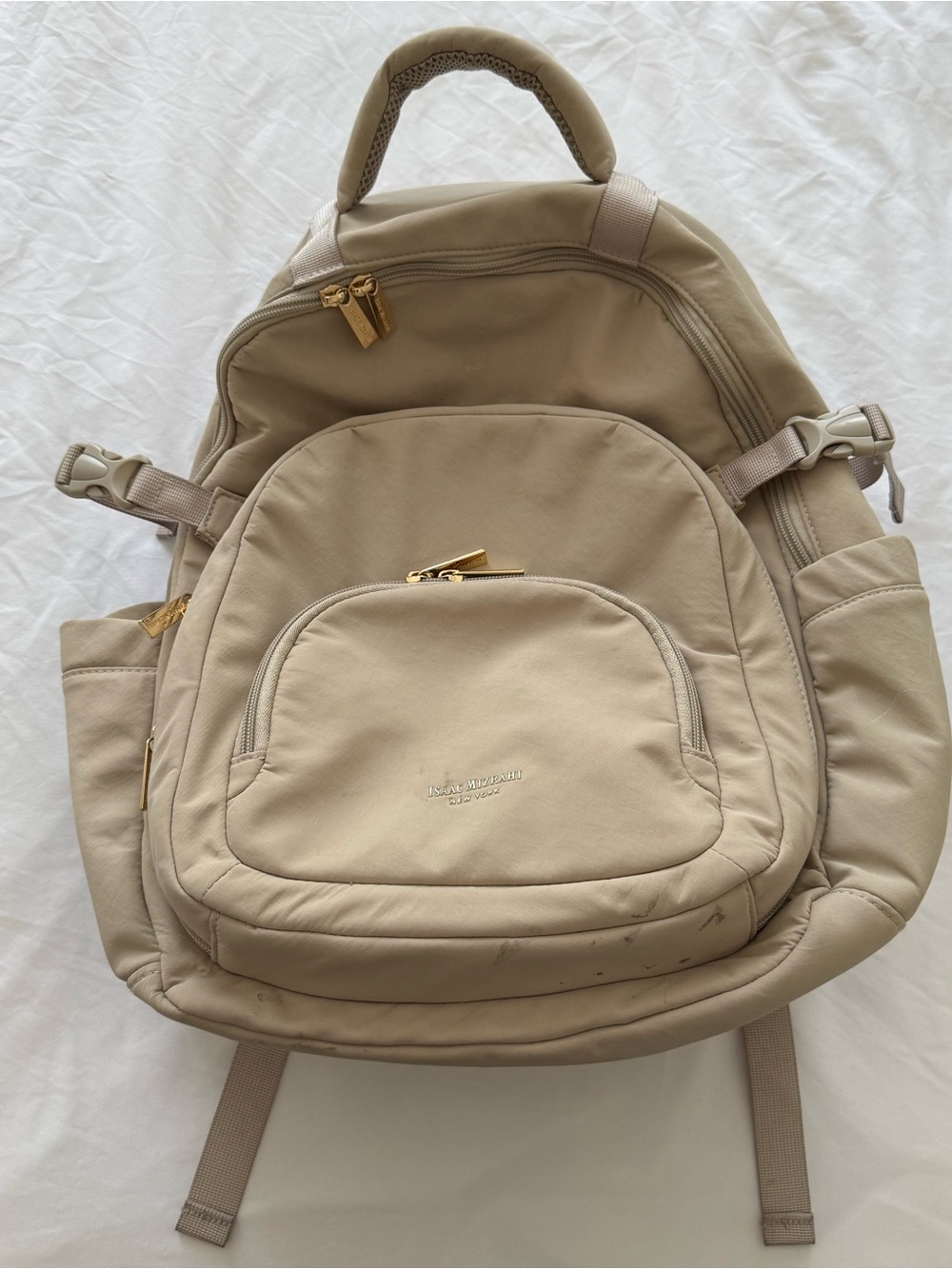 Isaac Mizrahi New York Backpack – Beige Nylon w/ Insulated Pocket